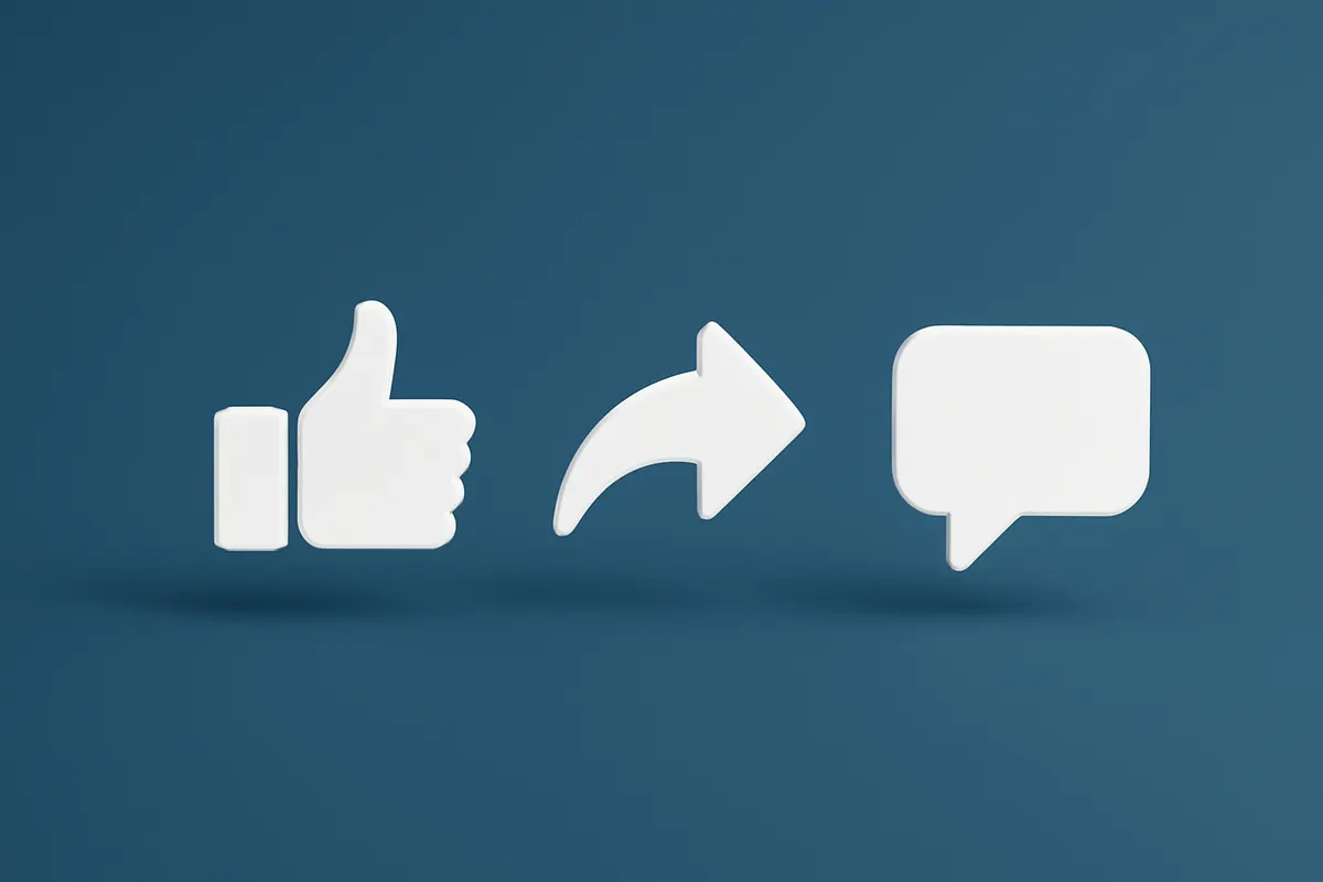 Ícones de redes sociais (like, share, comment) flutuando em um fundo azul.