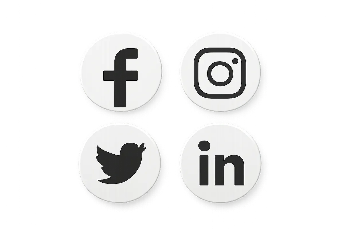 Logos de plataformas de redes sociais populares (Facebook, Instagram, Twitter, LinkedIn) dispostos em círculo.