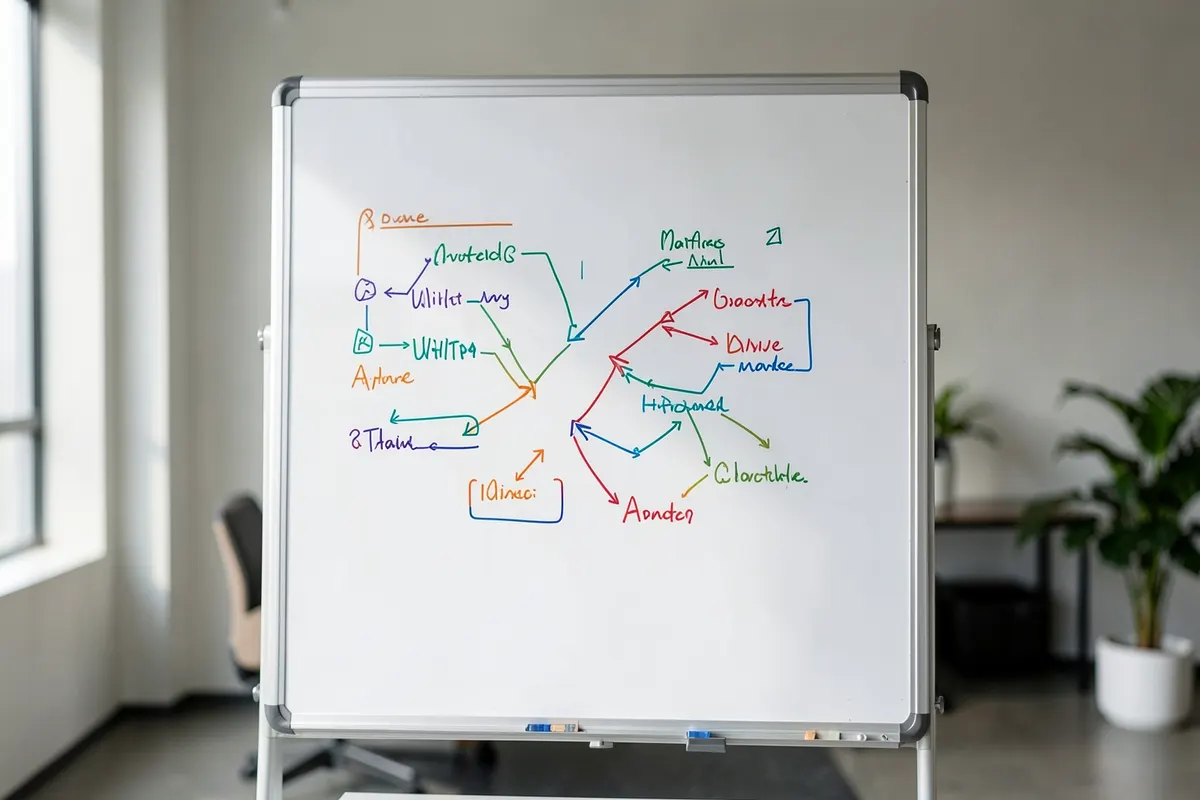 Um quadro branco com um plano de estratégia de marketing desenhado com marcadores coloridos.