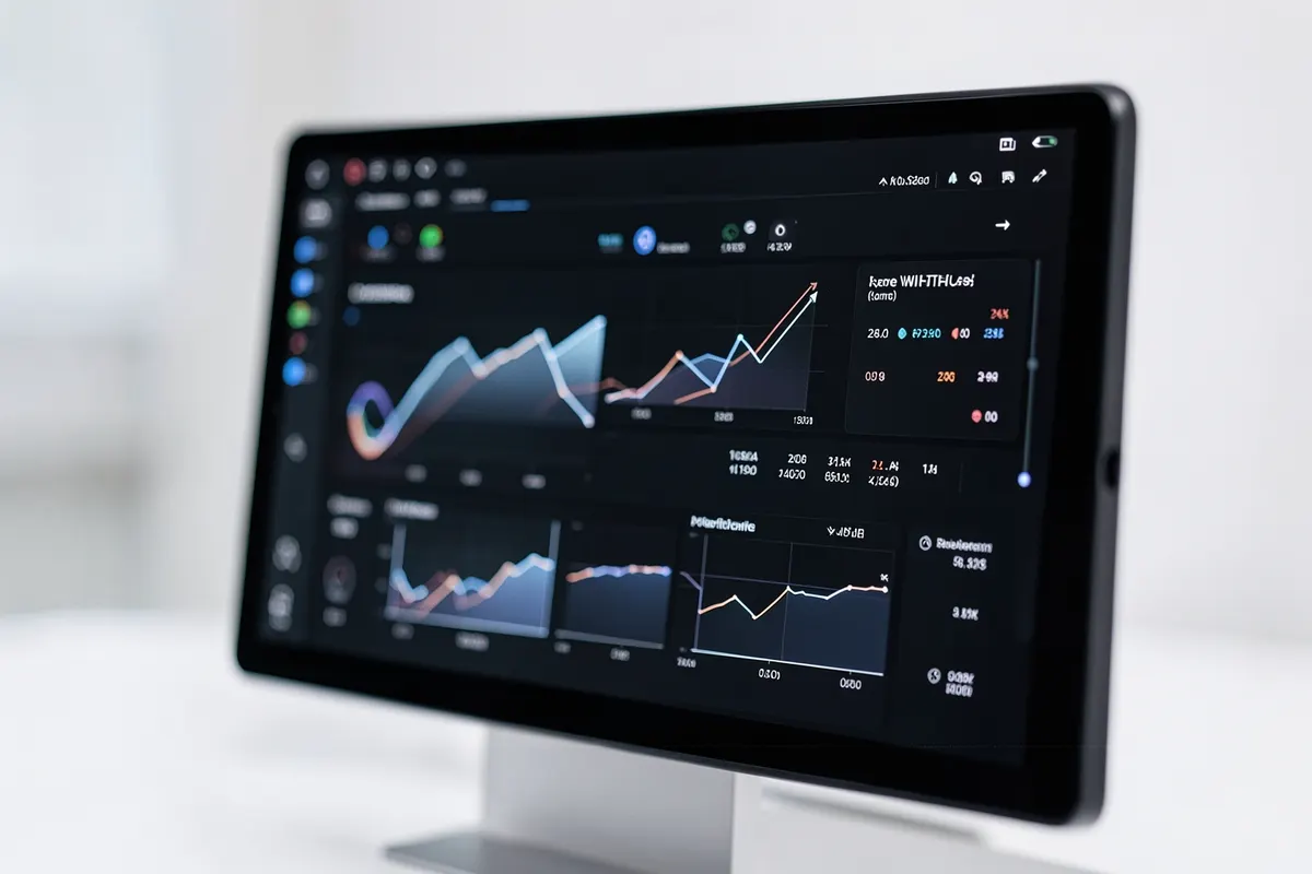 Um painel de controle digital com métricas e gráficos de desempenho.