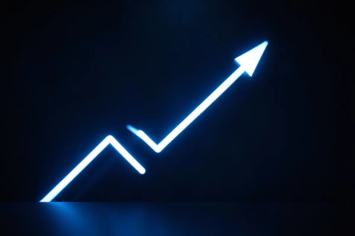 Gráfico de crescimento abstrato com setas subindo, sobre um fundo azul escuro. Keyword: marketing digital para médico.