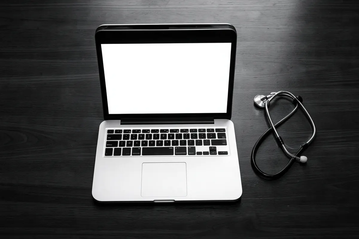 Computador com tela em branco e um estetoscópio ao lado, em uma mesa de madeira. Keyword: marketing digital para médico.