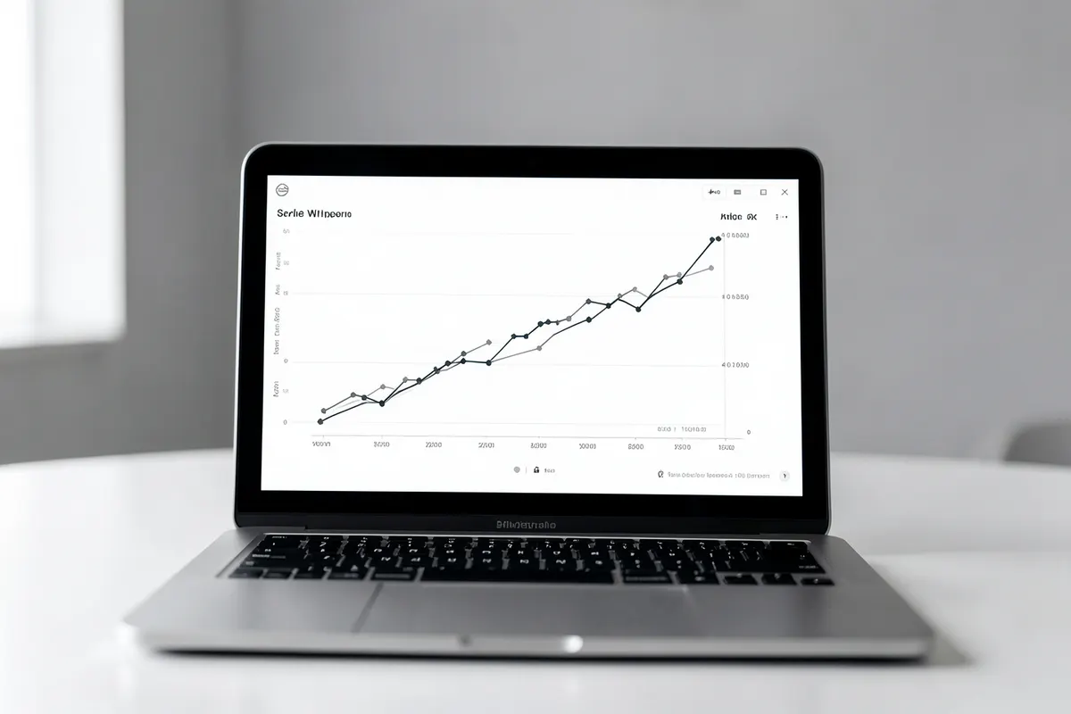 Um computador com um gráfico de crescimento em sua tela, cercado por moedas de ouro.