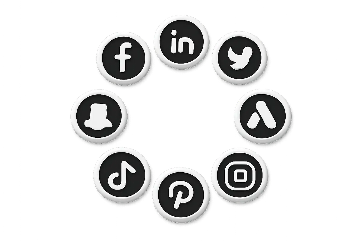 Vários ícones de plataformas de mídia social e publicidade dispostos em um círculo.