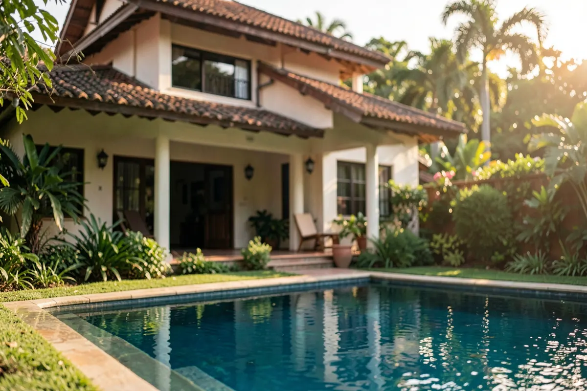 Fachada de casa de alto padrão com piscina e área verde em Ubatuba
