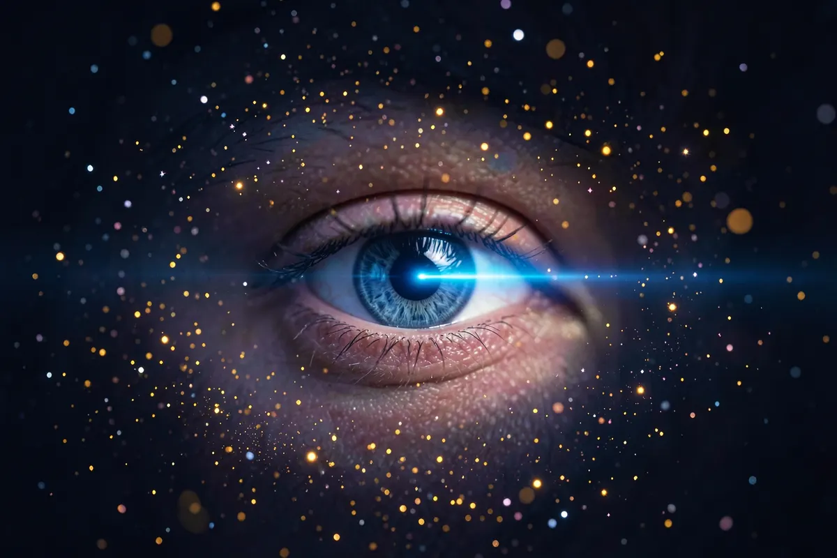 close-up de um olho humano com um feixe de luz azul incidindo sobre a córnea, em fundo escuro com brilhos técnicos