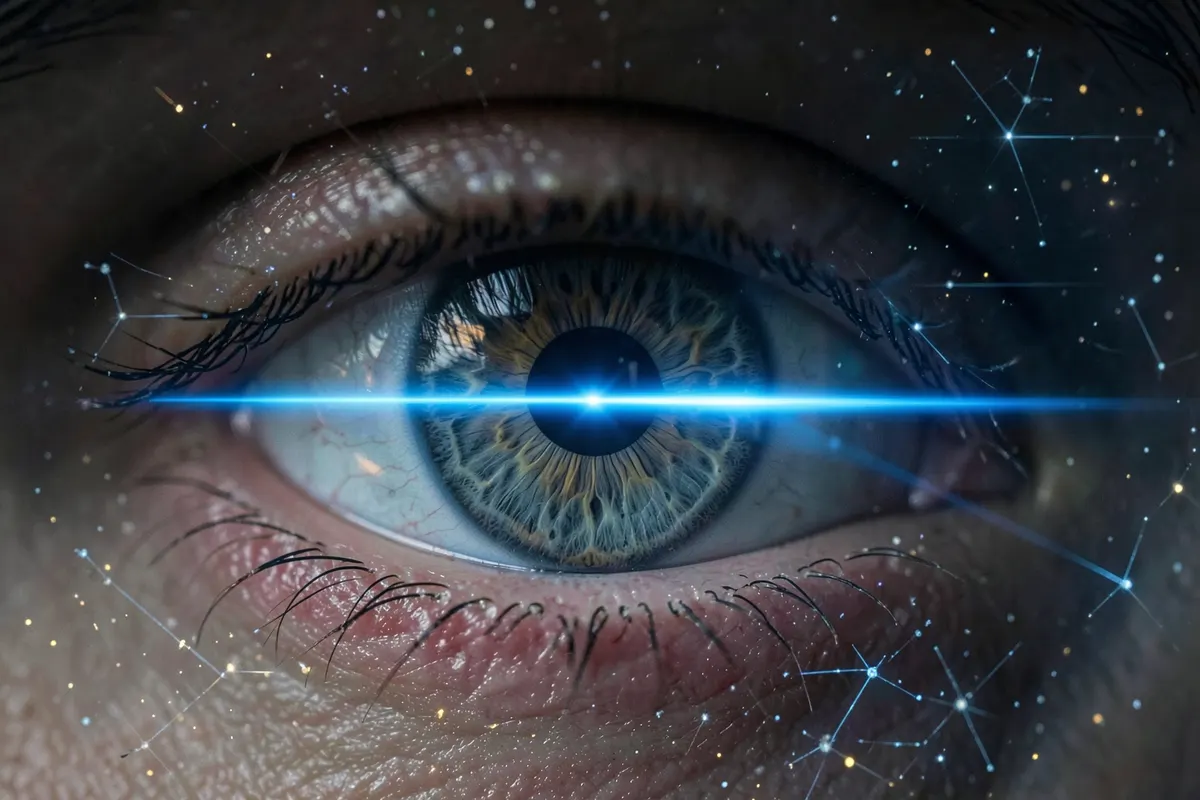 olho humano com feixe de luz azul simulando cirurgia a laser, em fundo escuro com brilhos técnicos