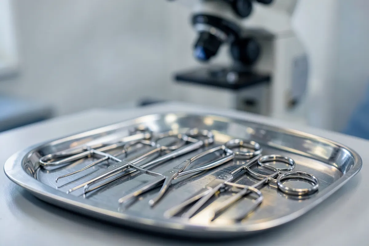 instrumentos cirúrgicos oftalmológicos alinhados sobre uma bandeja metálica esterilizada, com foco em um microscópio cirúrgico ao fundo