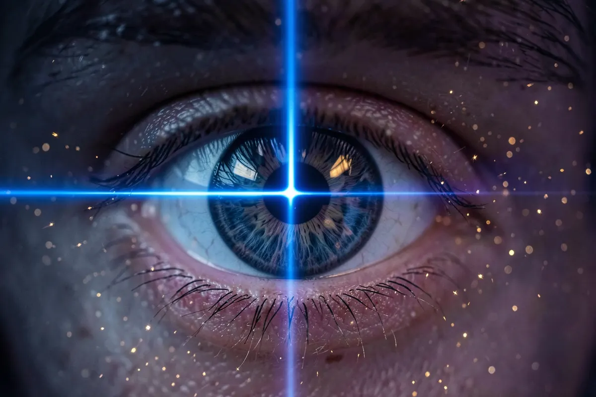 olho humano com feixe de luz azul simulando cirurgia a laser, em fundo escuro com brilhos técnicos