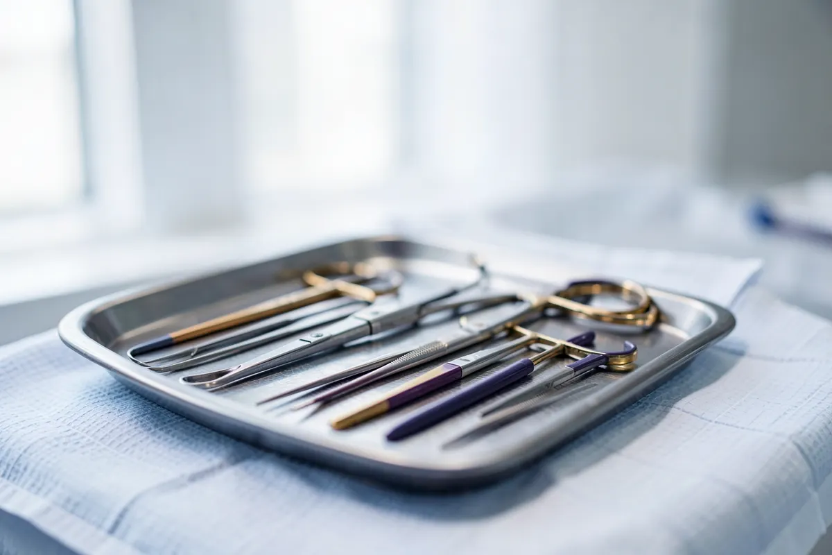 Um conjunto de instrumentos cirúrgicos oftalmológicos organizados em uma bandeja esterilizada
