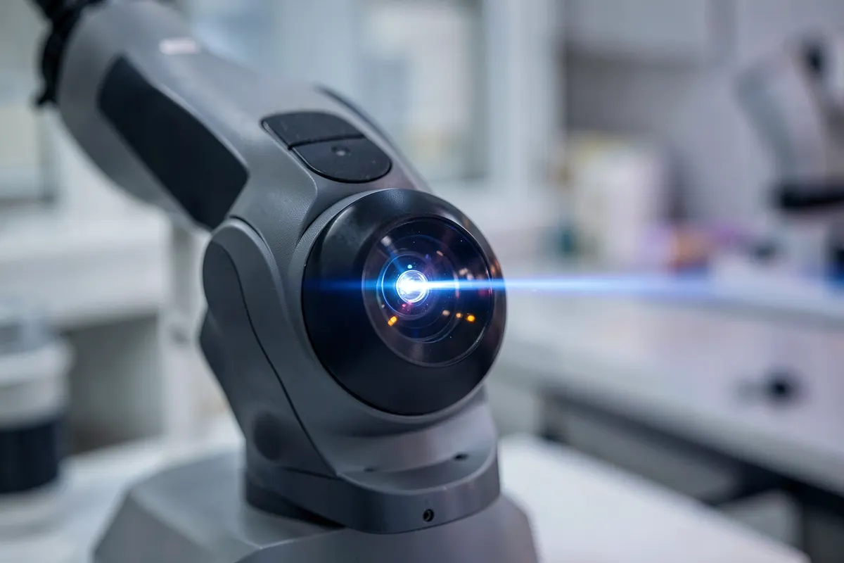 Um close-up de um laser oftalmológico em ação, com um leve brilho azul