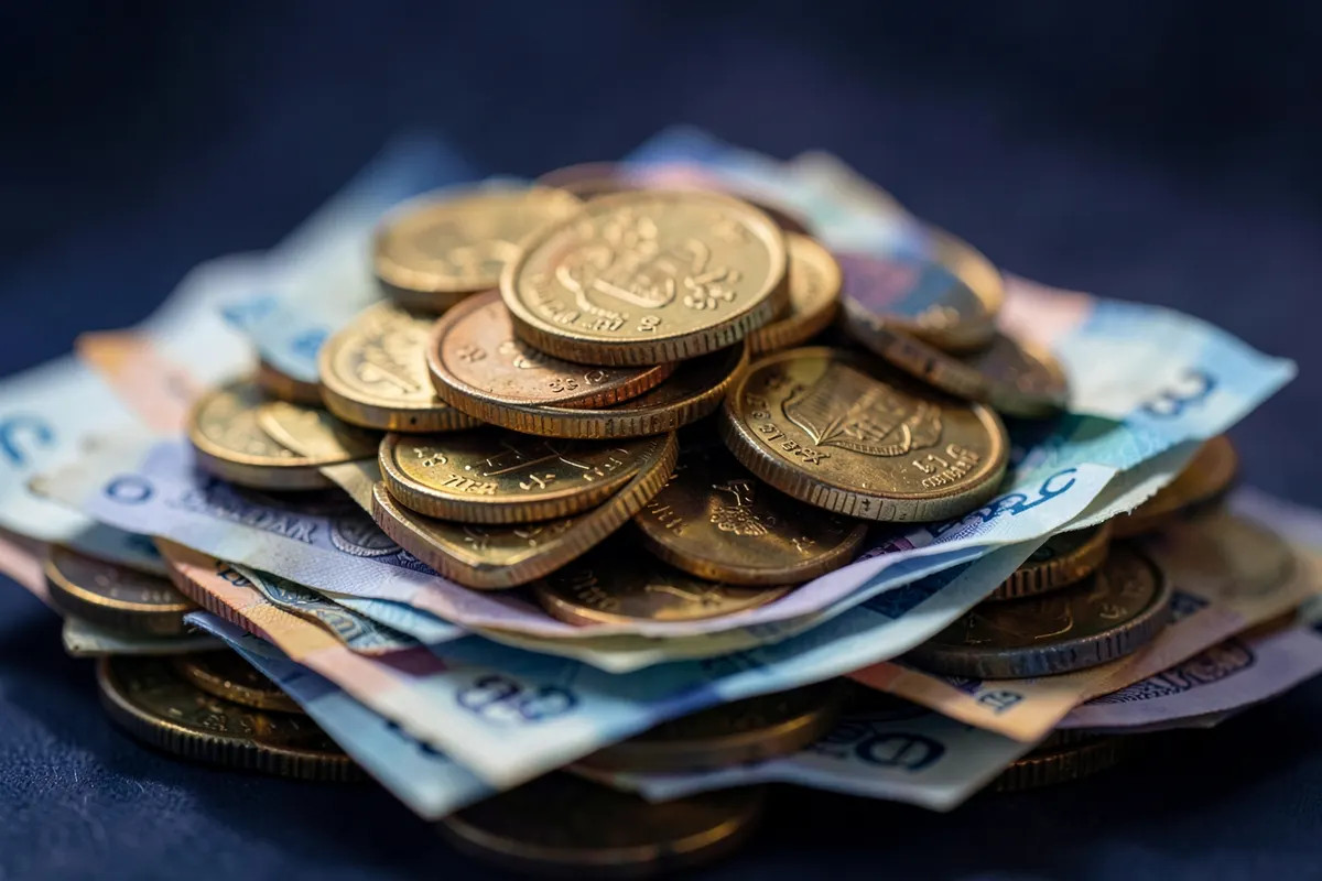 Uma pilha de moedas de diferentes valores e notas de dinheiro dobradas, representando o custo da cirurgia refrativa
