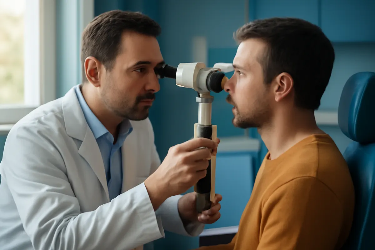 médico oftalmologista examinando paciente com equipamento moderno em consultório, keyword cirurgia olho refrativo