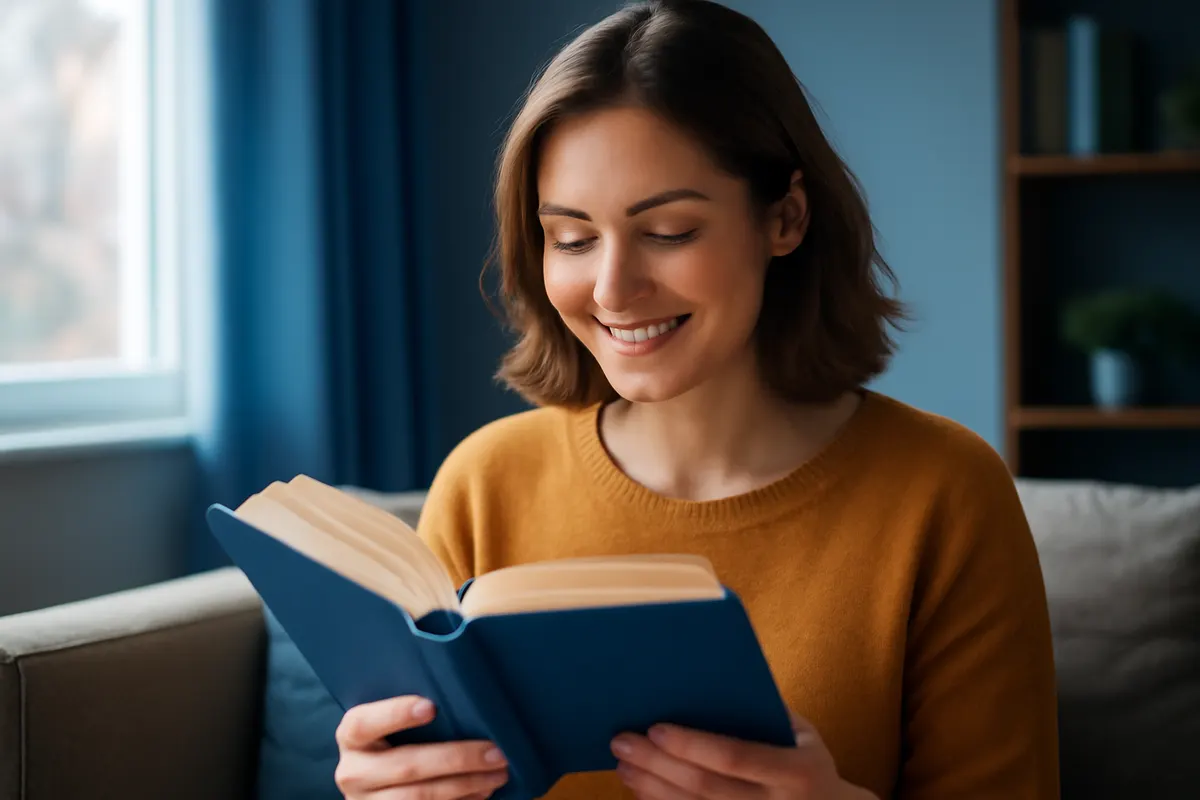 mulher sorrindo e lendo um livro com clareza após cirurgia refrativa, keyword cirurgia olho refrativo