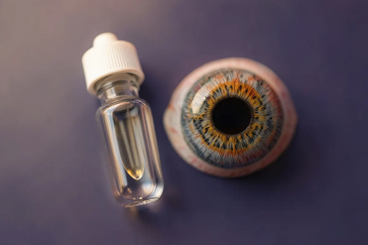 frasco de colírio e olhos, cirurgia refrativa