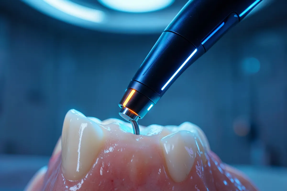 Close-up de um scanner intraoral de alta tecnologia sendo usado para capturar um modelo 3D preciso de um dente, com foco nos detalhes da ponta do scanner.