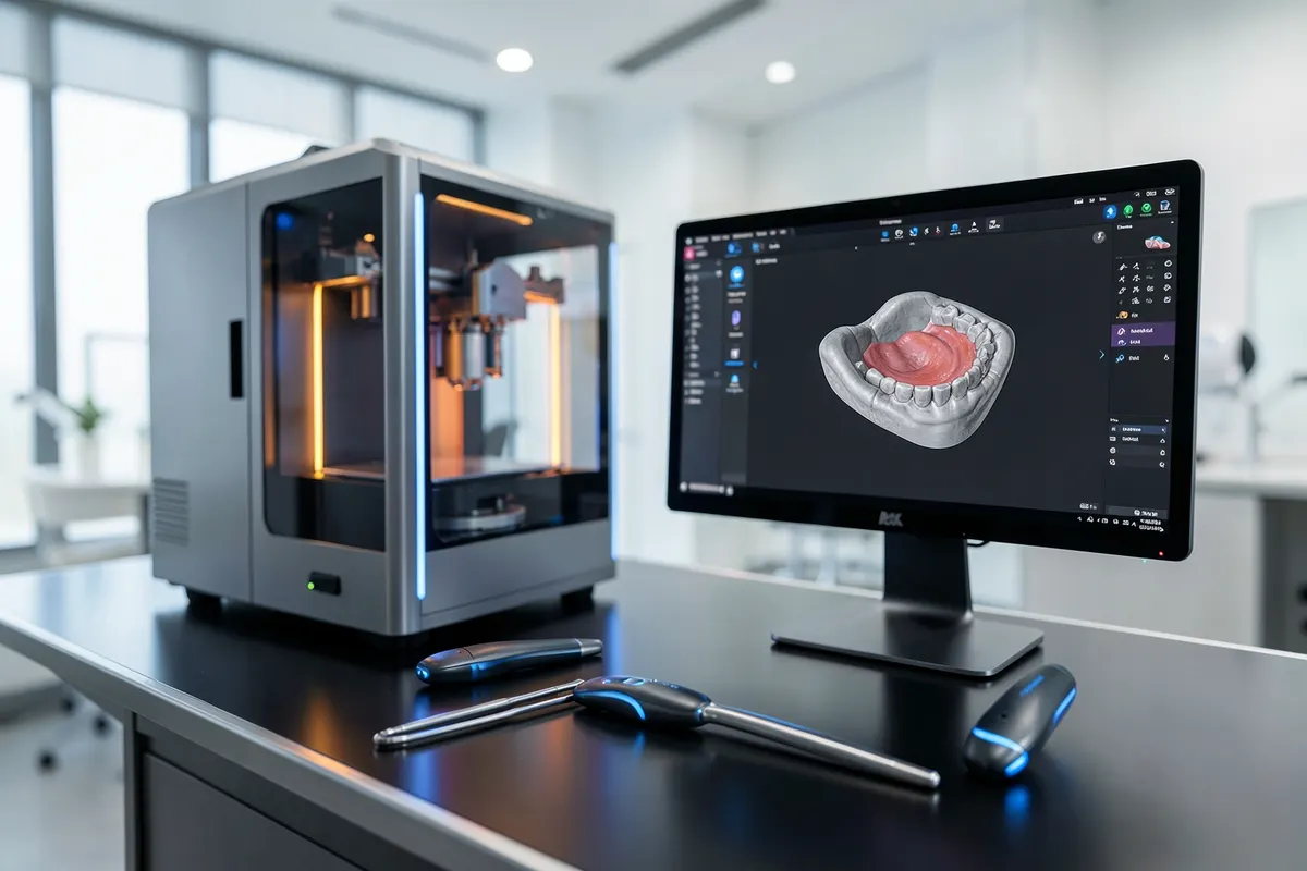 Conjunto de ferramentas e dispositivos essenciais para odontologia digital, como scanner intraoral, impressora 3D e software de planejamento, dispostos sobre uma bancada limpa.