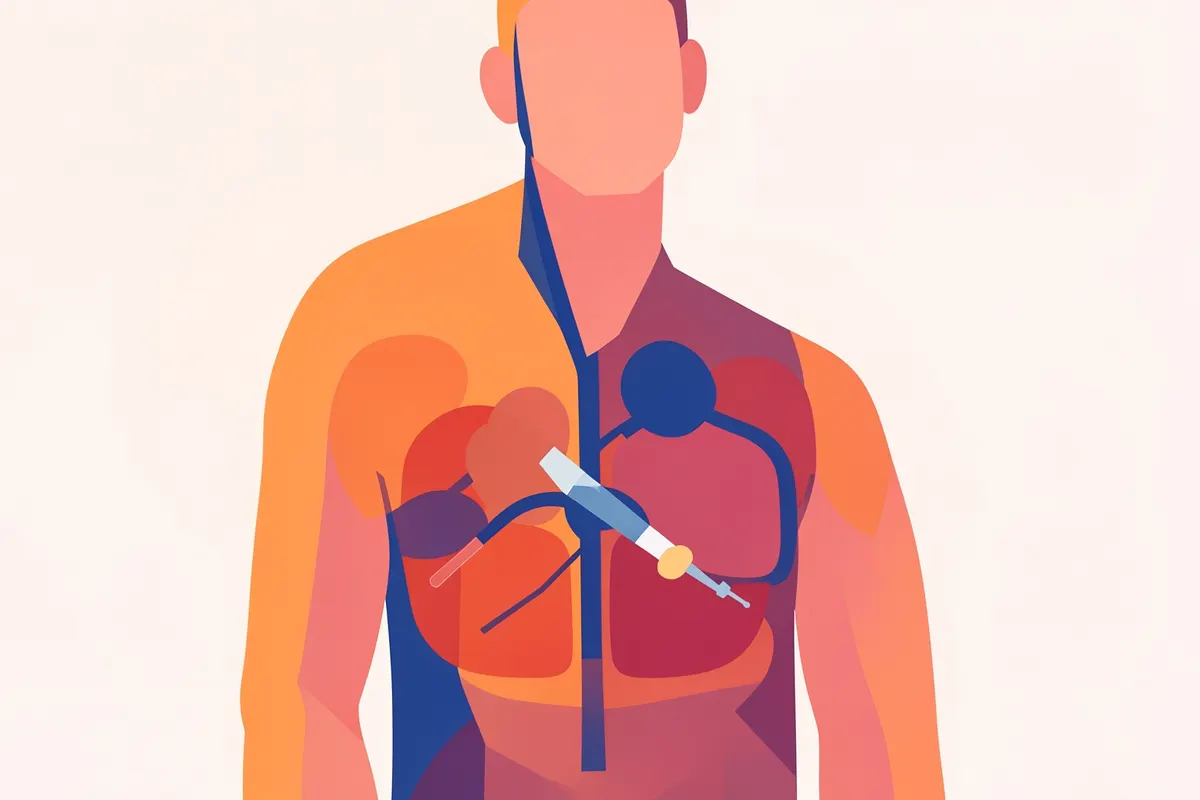Ilustração mostrando o mecanismo de ação de um medicamento injetável para emagrecimento no corpo.