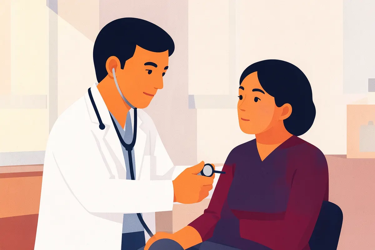 Um médico examinando um paciente com um estetoscópio, discutindo a segurança de medicamentos injetáveis.