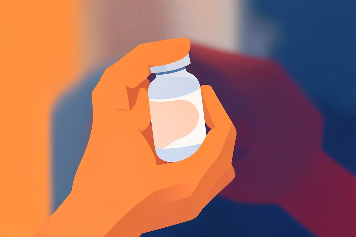 Uma pessoa em close-up segurando um frasco de Mounjaro com as duas mãos, com foco nas mãos e no medicamento.
