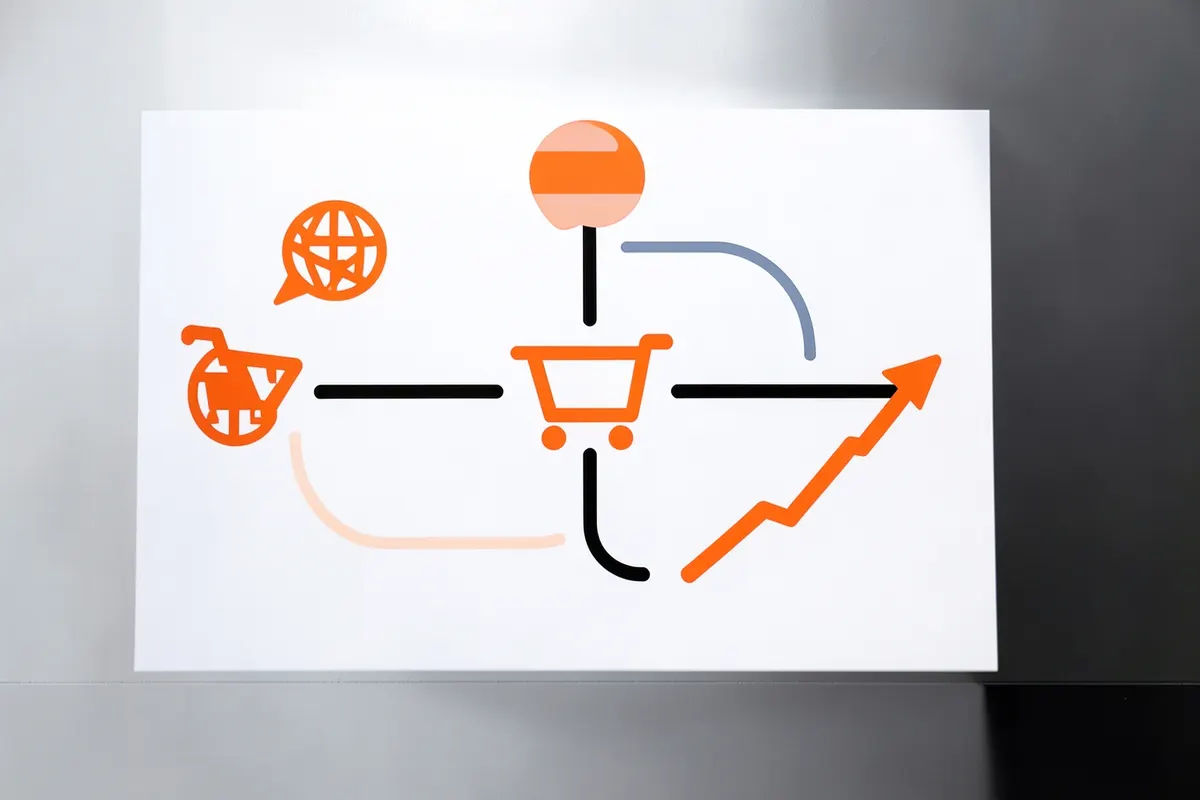 Diagrama de fluxo mostrando a jornada do cliente com setas conectando ícones de redes sociais, carrinho de compras e um ícone de gráfico de crescimento.