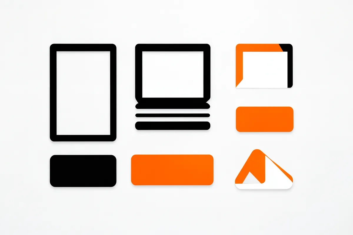 Conjunto de ícones representando diferentes elementos de um anúncio: imagem, texto, botão de call-to-action e logotipo.