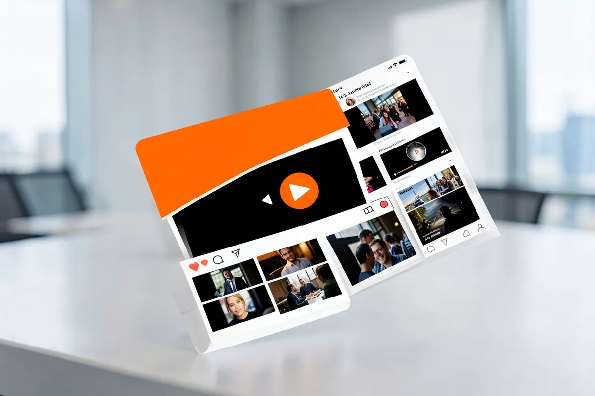 Mosaico de diferentes formatos de anúncios digitais: banner, vídeo e post de mídia social.