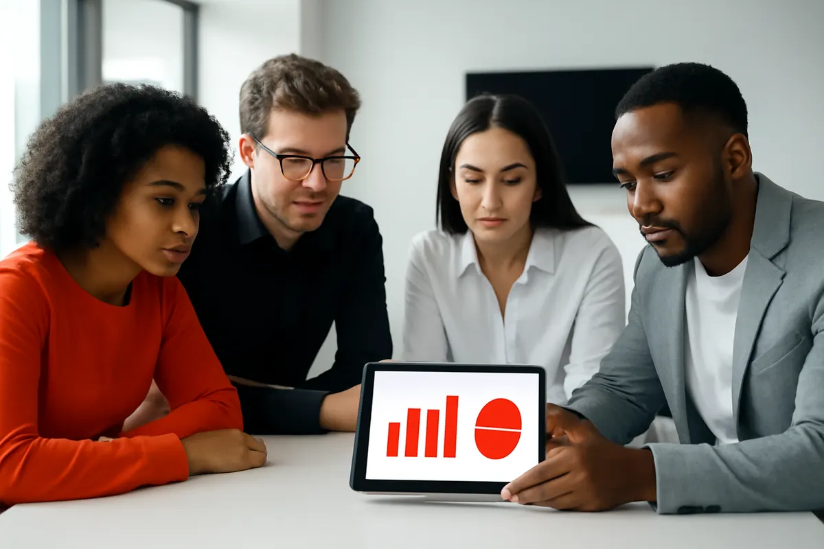 Pessoas diversas em reunião analisando gráficos em um tablet, keyword provas sociais marketing digital