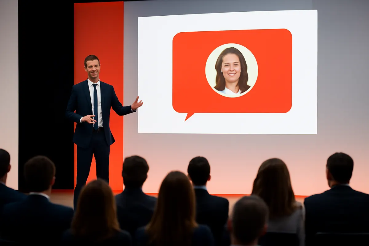 Homem de negócios apresentando um slide com depoimento de cliente, keyword provas sociais marketing digital
