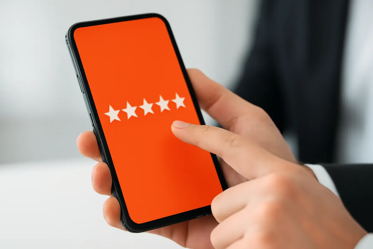 Cliente satisfeito dando cinco estrelas em um aplicativo de avaliação, keyword provas sociais marketing digital