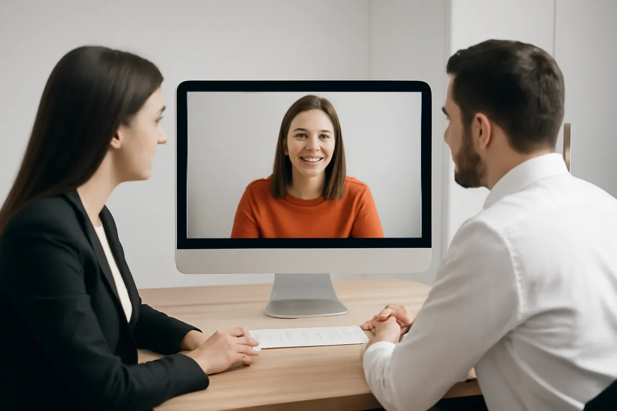 Pessoas em frente a um computador vendo um vídeo de depoimento, keyword provas sociais marketing digital
