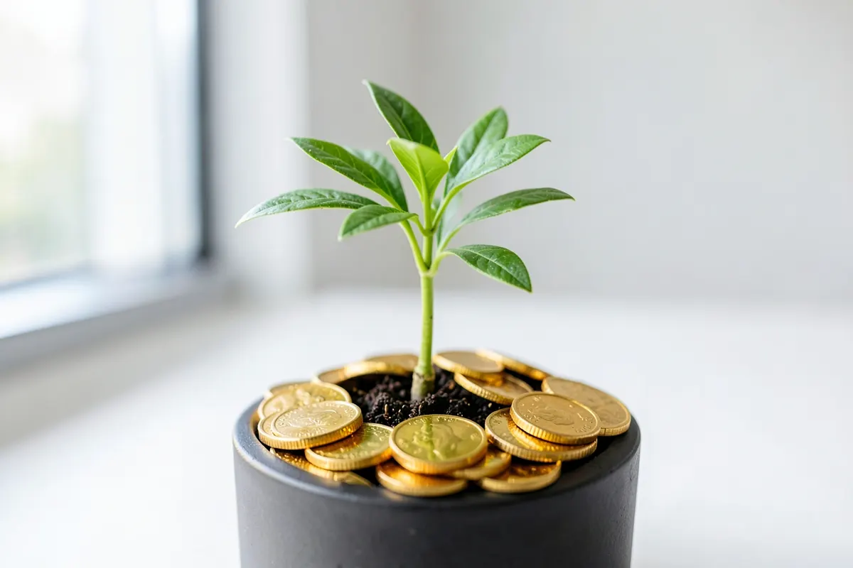 Uma planta crescendo em um vaso, com moedas de ouro ao redor da base, em um fundo desfocado de escritório.