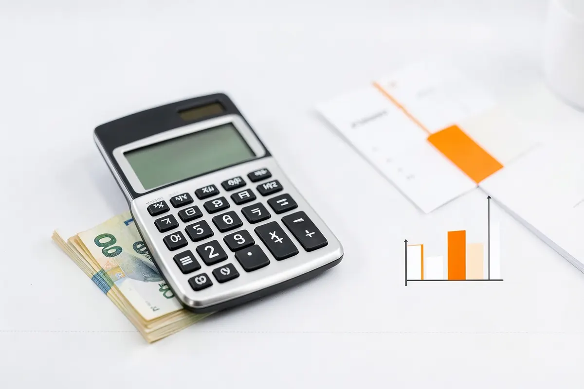 Uma calculadora ao lado de notas de dinheiro e um pequeno gráfico de barras em uma mesa de madeira.