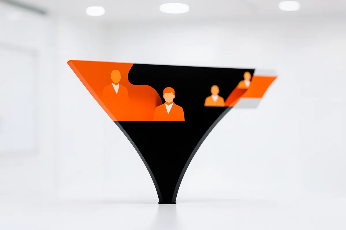 Diagrama de funil de vendas com setas mostrando o fluxo de clientes potenciais, com ícones de pessoas em cada estágio.