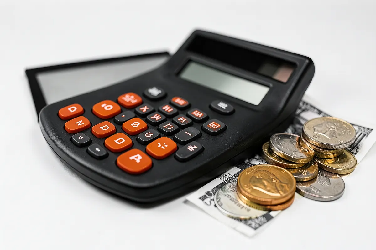 Calculadora antiga com moedas e notas de dinheiro ao lado, representando o cálculo da taxa de conversão.