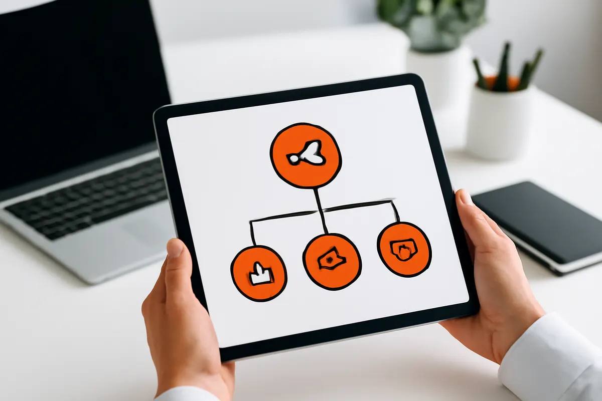 Diagrama de fluxo mostrando como o marketing digital funciona com ícones de mídia social e SEO, keyword: marketing digital por onde começar