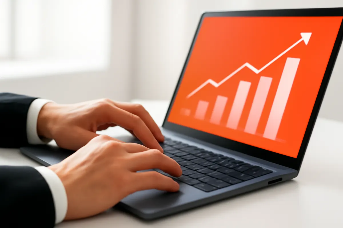 Mãos digitando em um teclado com gráficos de crescimento de negócios na tela, keyword: marketing digital por onde começar