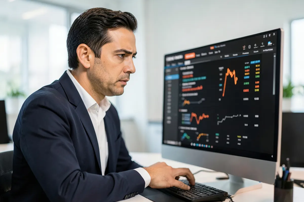 Profissional de marketing analisando dados em um computador com gráficos de tráfego pago em destaque