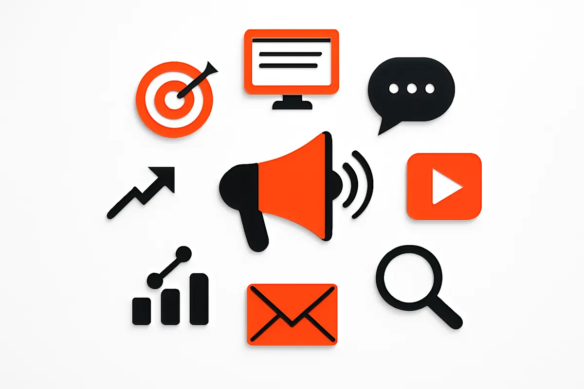 Uma composição de ícones de marketing digital (lupa, gráfico, alvo, foguete) dispostos em um círculo sobre um fundo branco limpo.