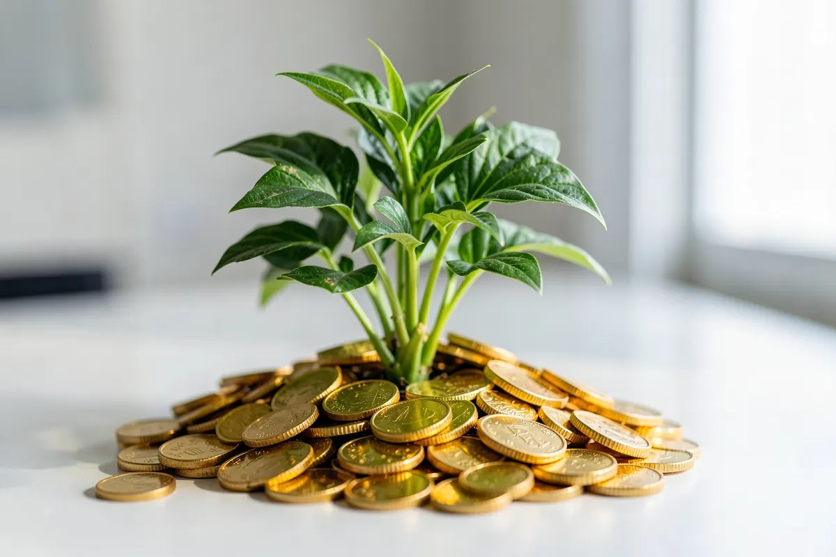 Uma planta crescendo de um monte de moedas de ouro, com um fundo desfocado de gráficos de linhas.