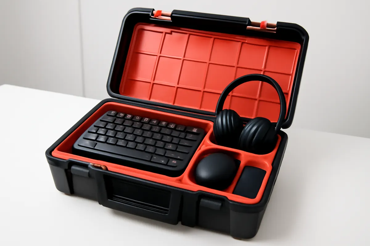 Uma caixa de ferramentas aberta contendo diversos itens como um mouse, teclado, fones de ouvido e um smartphone.