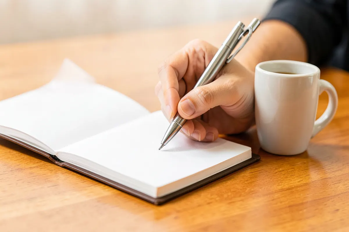 Uma mão escrevendo em um caderno com uma caneta, com uma xícara de café ao lado.