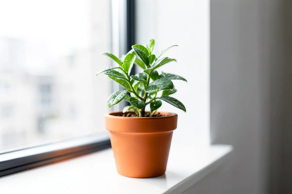 Uma planta crescendo em um vaso, com gotas de água nas folhas.
