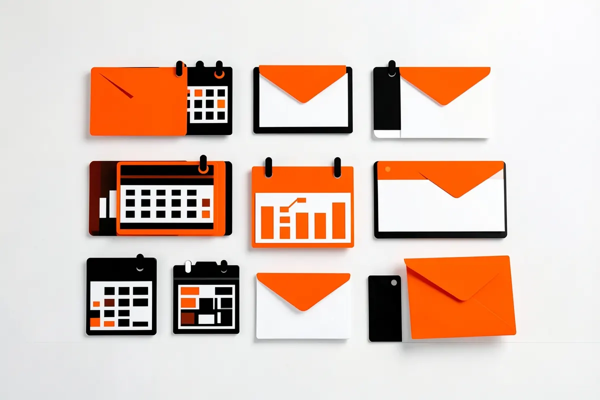 Uma coleção de ícones representando diferentes tipos de dados, como gráficos, calendários e envelopes, dispostos em um padrão organizado.