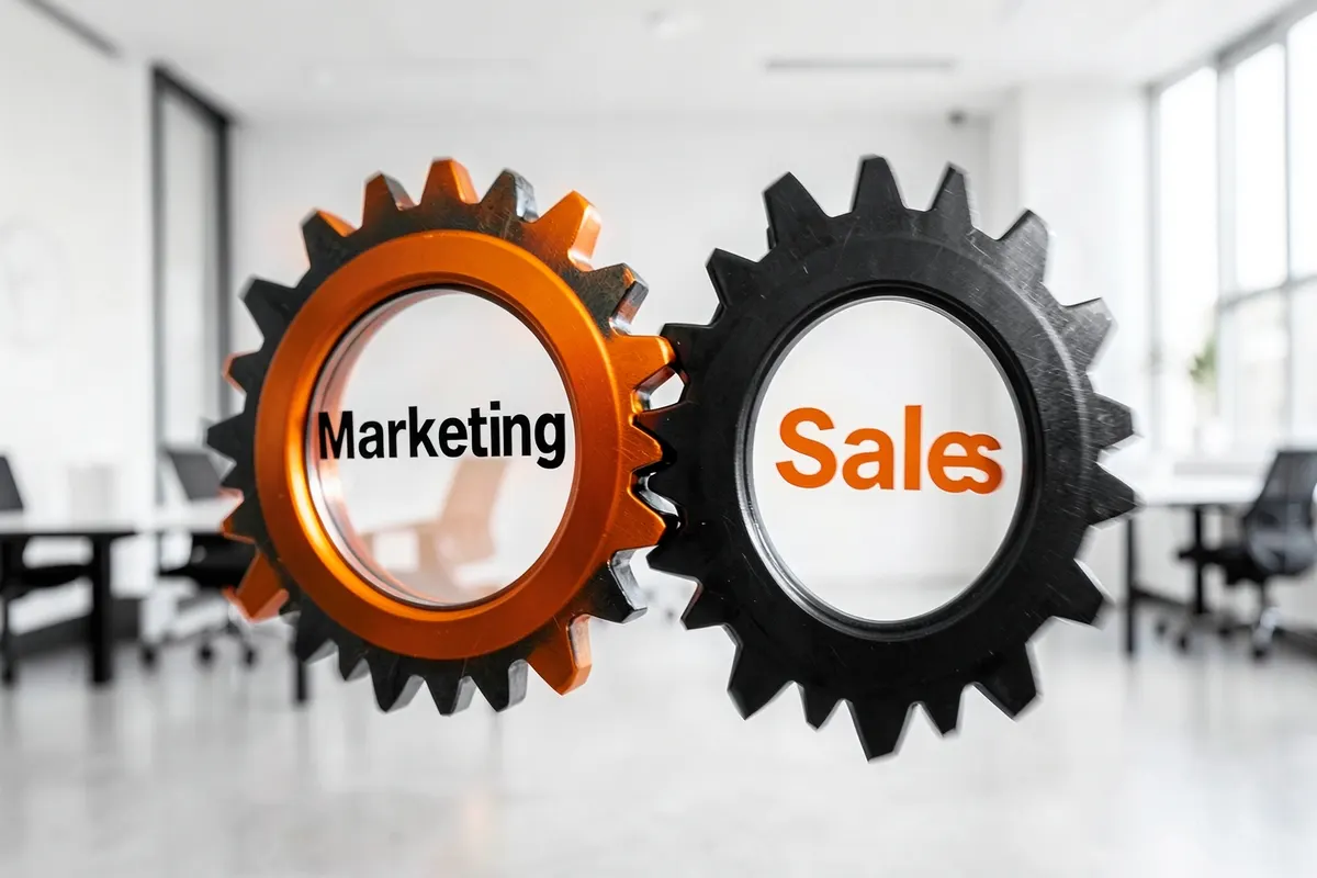 Duas engrenagens interligadas, uma representando marketing e a outra vendas, girando juntas para mostrar a integração.