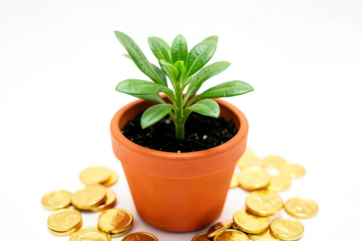 Uma planta crescendo em um vaso, com moedas de ouro ao redor da base.