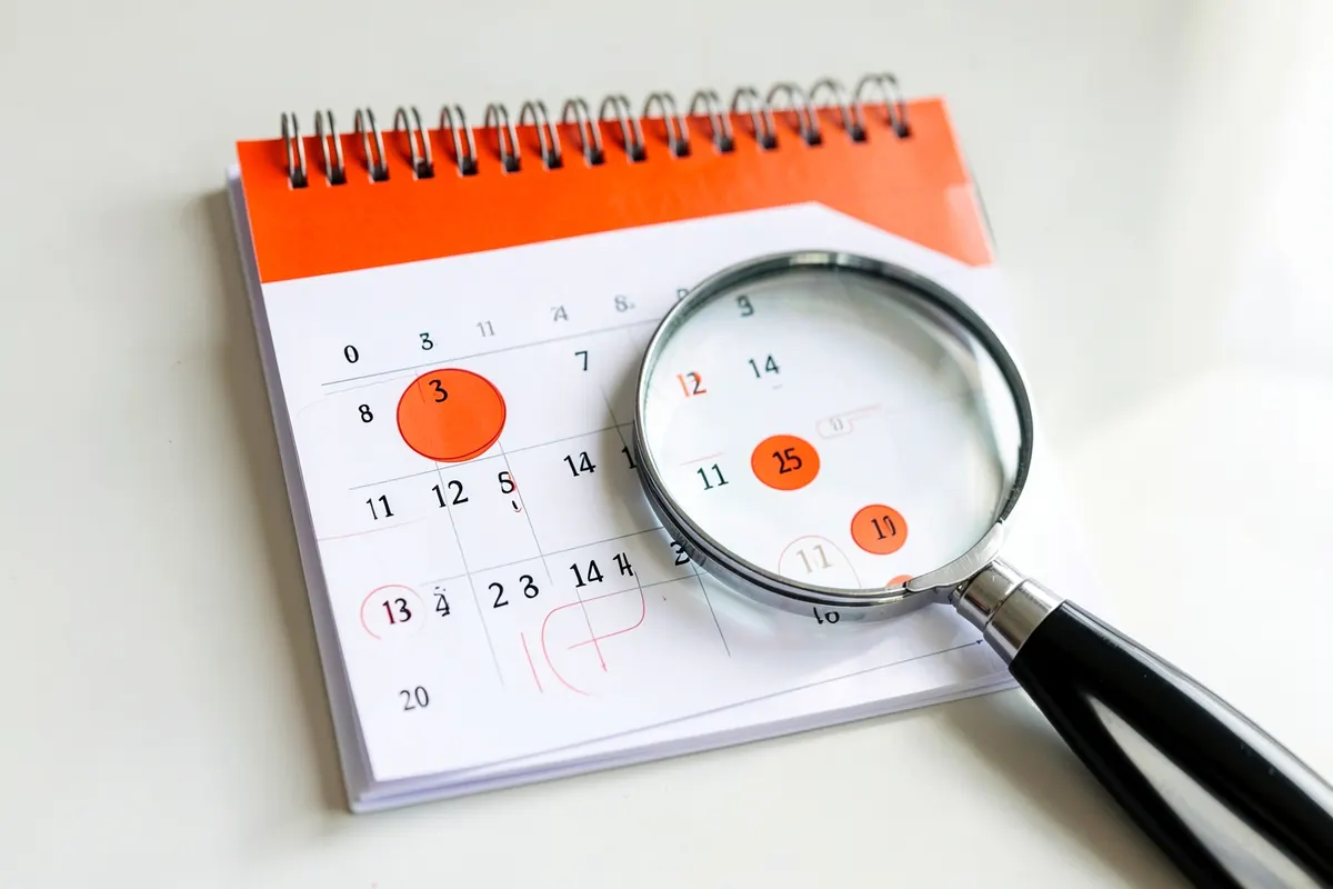 Calendário com um círculo vermelho em vários dias e uma lupa focando em um dos círculos.