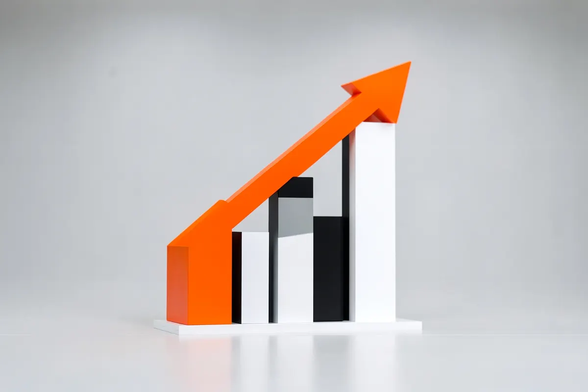 Gráfico de barras simples com setas indicando crescimento, sobre um fundo azul claro.