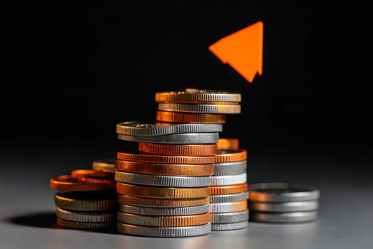 Moedas empilhadas em diferentes alturas com uma seta indicando aumento, sobre um fundo escuro.