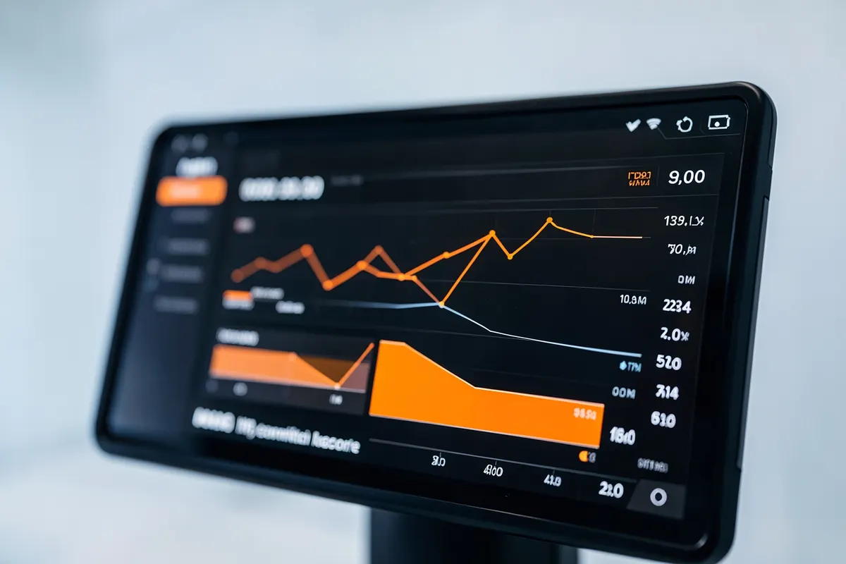 Painel com gráficos e números, simulando um dashboard de performance.